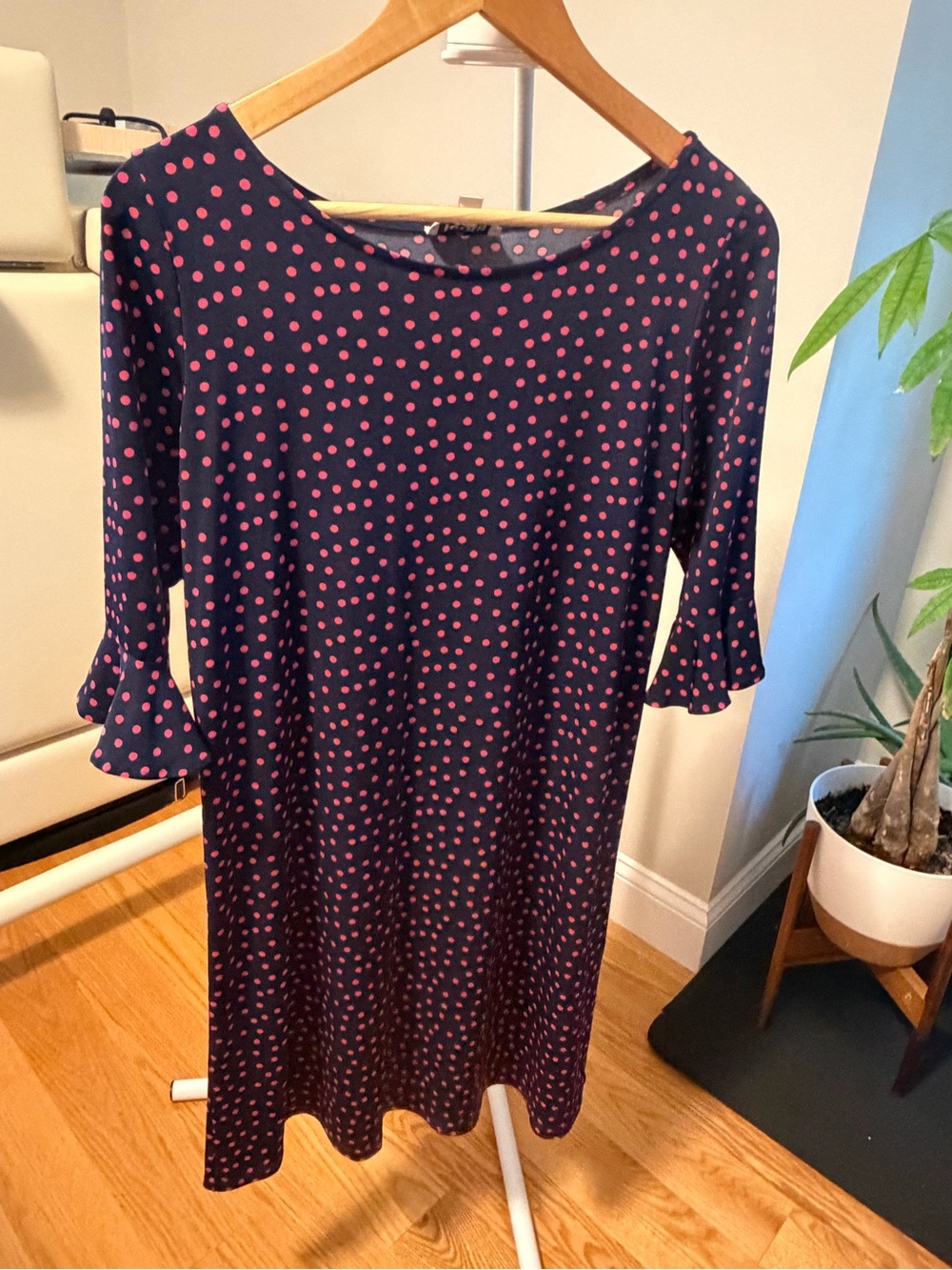 Leota Navy Dress with Pink Polka Dots